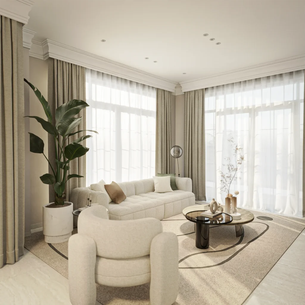 Phối cảnh 3D, phương án đề xuất chưa thi công: Góc sofa phòng khách, tầng trệt — căn mẫu Eco Retreat