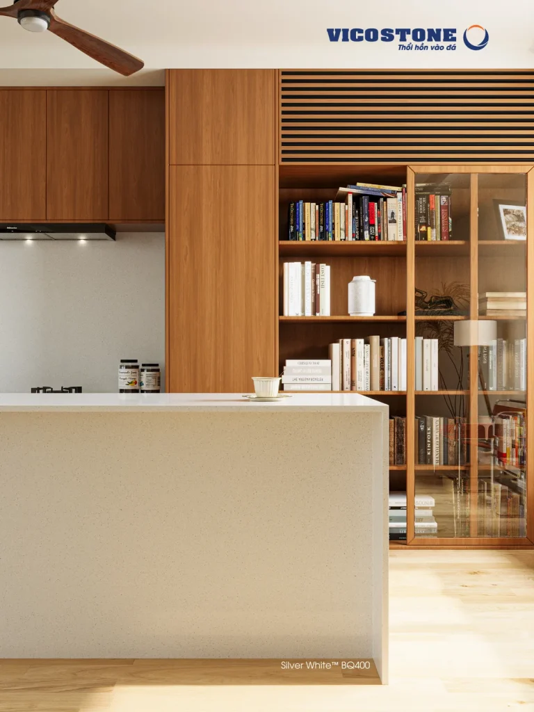 Bề mặt Silver White BQ400 trong không gian minh họa